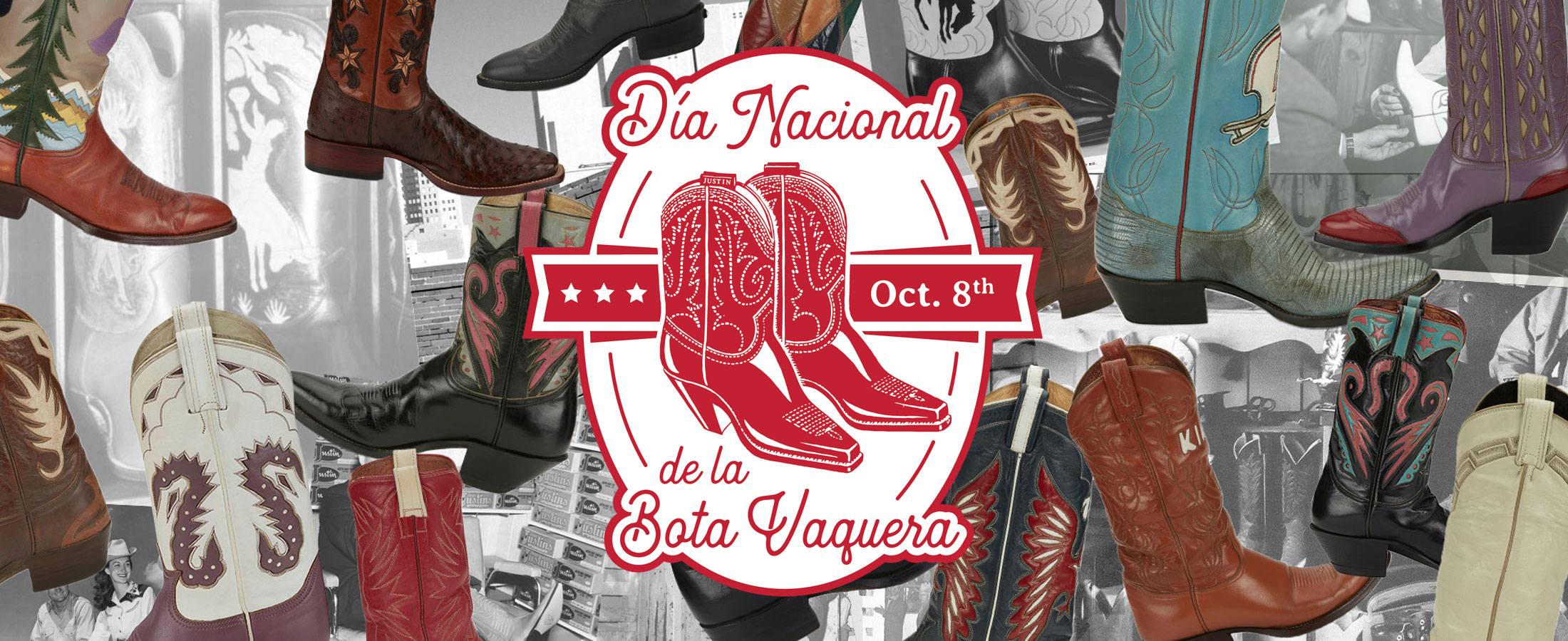 Día Nacional de la Bota Vaquera. Este es un collage de imágenes históricas de Justin Boot Company en blanco y negro, con múltiples botas de vaquero históricas mostradas de manera destacada en múltiples colores para resaltar las botas de vaquero. 